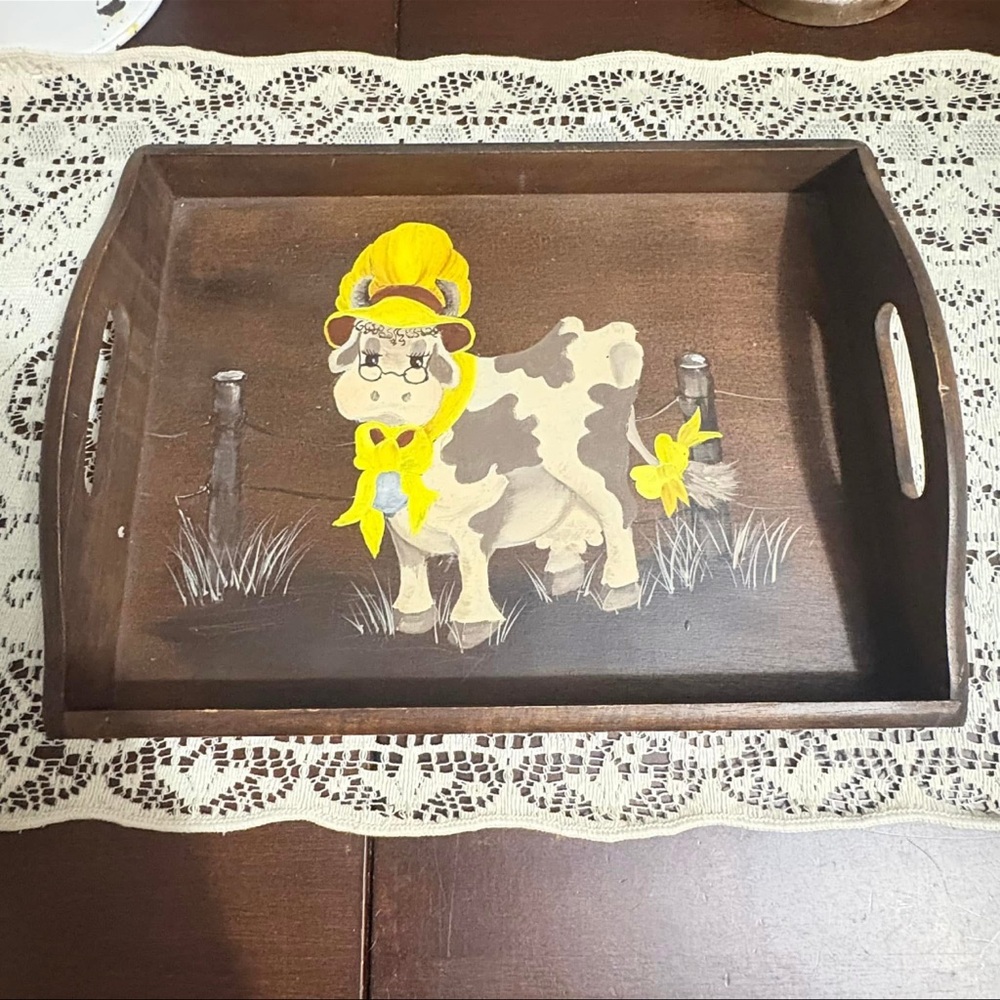 Hand-Painted Brown Wooden Tray with Cow Design